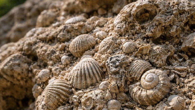 Close-up of fossils embedded in a rock.