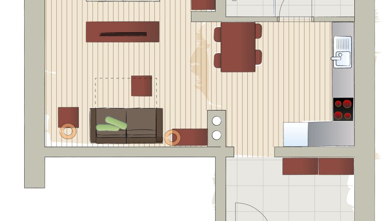 Floor plan of an apartment with bedroom, living room, kitchen and bathroom.