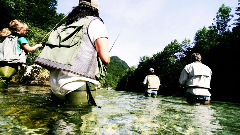 Group of people fly fishing in a river surrounded by trees.