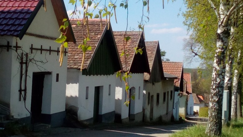 Row of traditional wine cellars in Kammersdorf, surrounded by trees and blue skies.