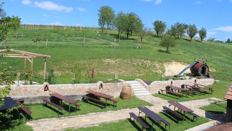 A wine tavern with wooden benches, a wine barrel playground and green hills in the background.