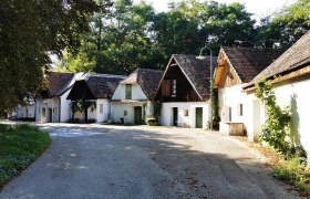 A picturesque wine cellar lane with traditional buildings and trees in the background.