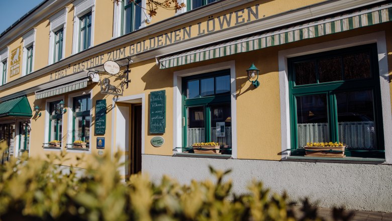 Yellow inn 'Zum Goldenen Löwen' with green shutters and flower boxes.