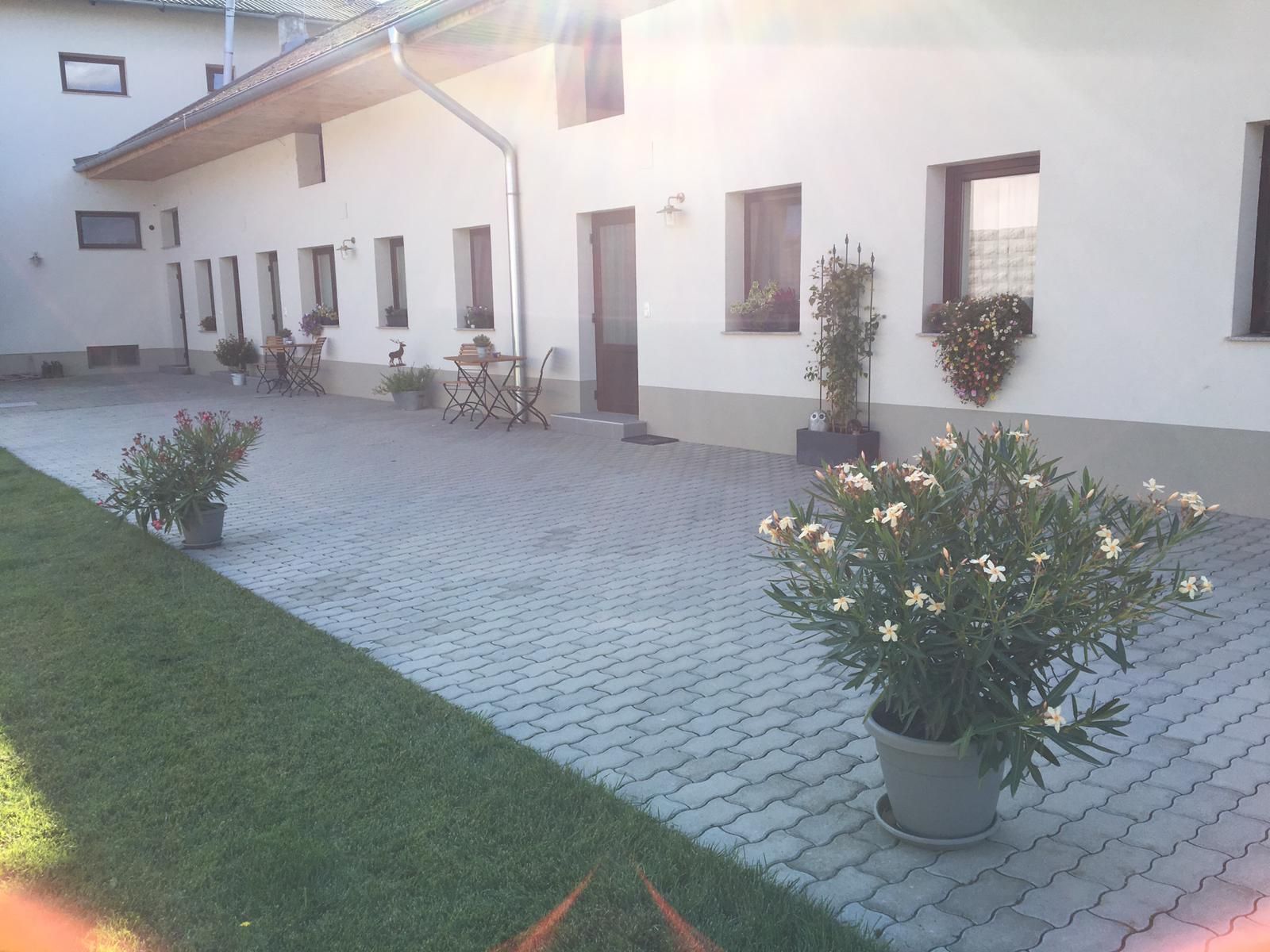 Paved courtyard with potted plants and seating in front of a white building.
