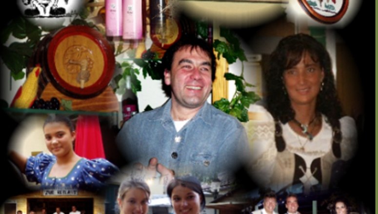 Collage of people in traditional clothing and wine signs.