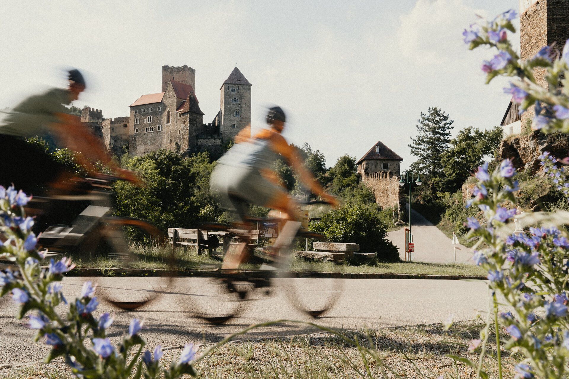 Two cyclists ride along a road with Hardegg Castle behind them and flowers in the foreground. The cyclists are deliberately blurred to symbolize the fast passing by