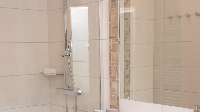 Modern bathroom with shower, washbasin and towels.