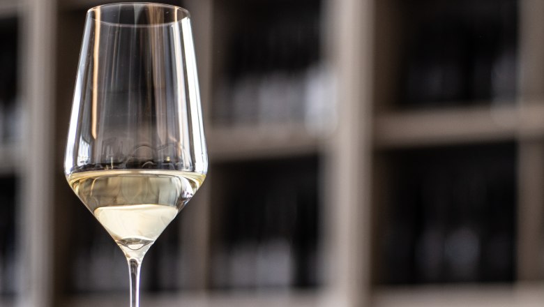 A wine glass with white wine in front of a blurred background.