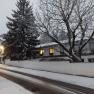 Winter street scene with snow-covered trees and illuminated windows.