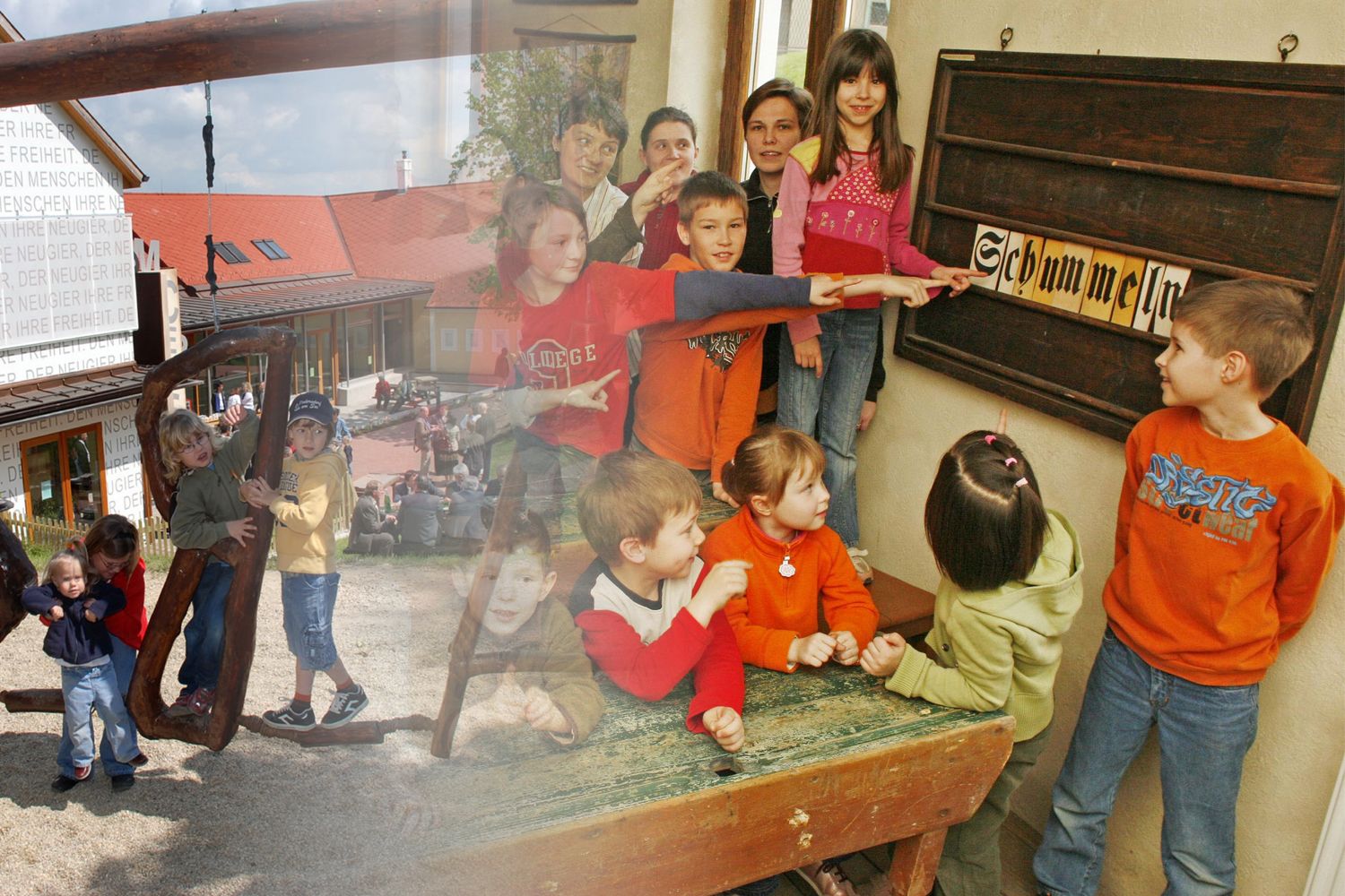 Children playing outside and pointing to a sign saying 'Cheat'.