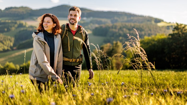 A couple walks through a flowering meadow with hills in the background.