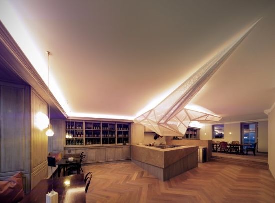 Modern salon interior with wooden floor and stylish lighting.