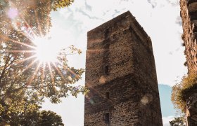 Ruin Schauenstein in the sunlight with trees in the foreground.