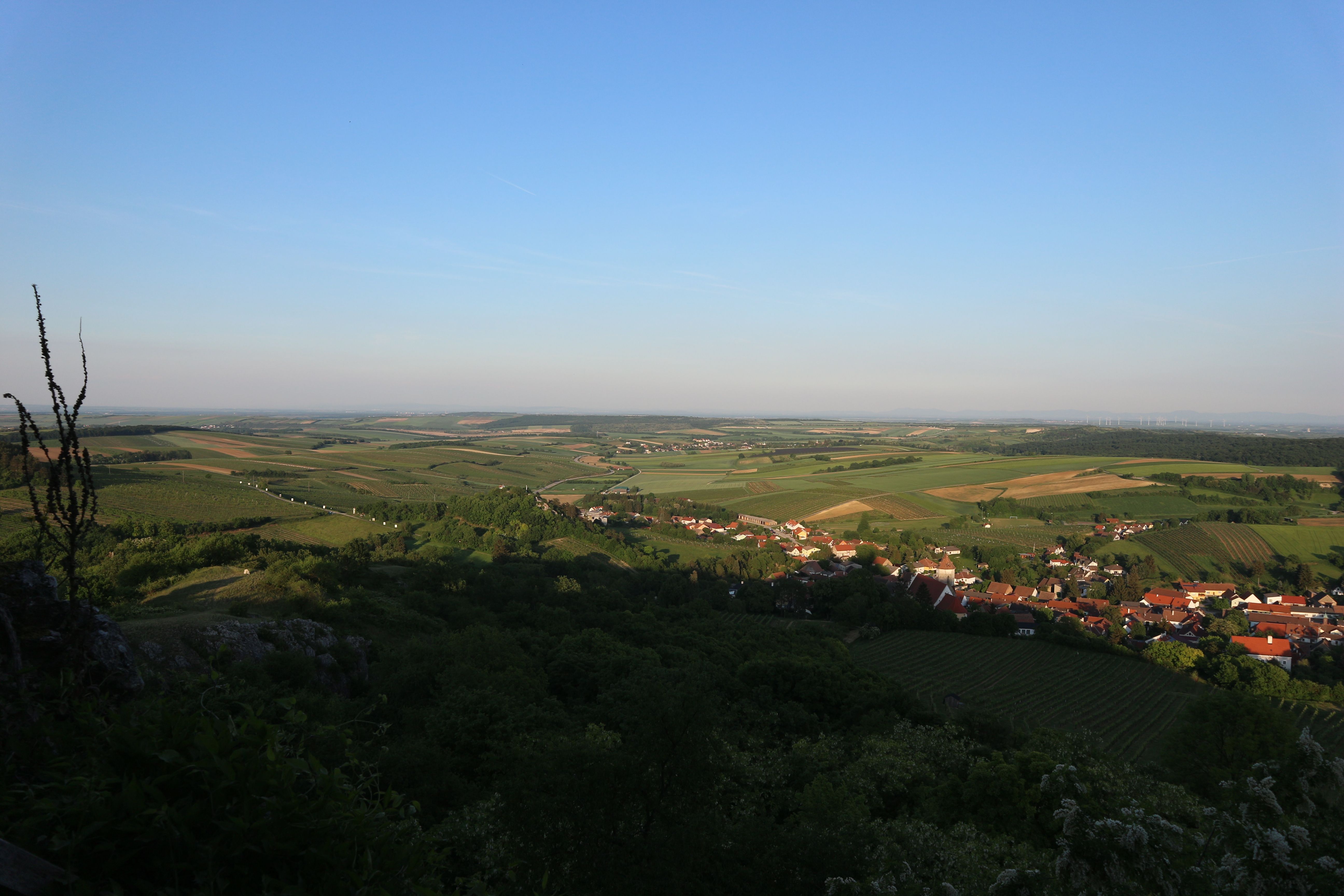 Panoramic view from the Falkenstein castle ruins over a wide, green landscape with fields and a village.