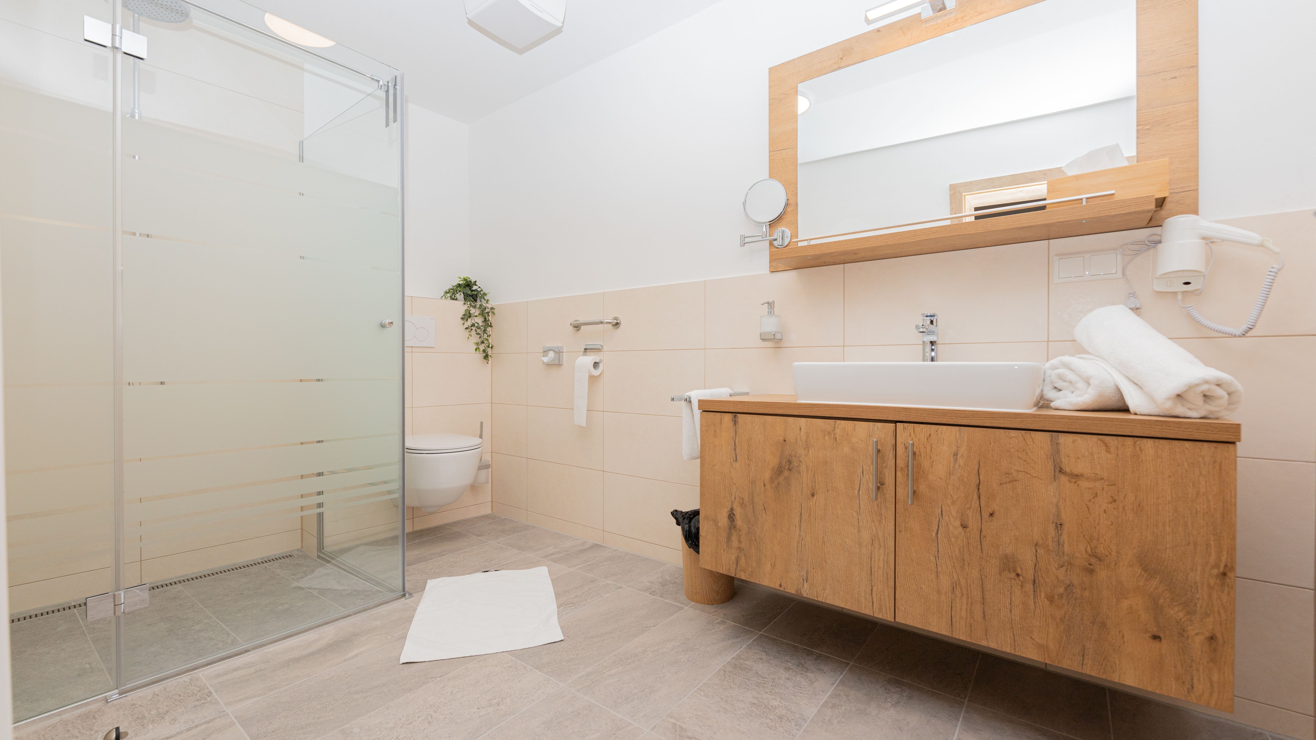 Modern bathroom with shower, washbasin and toilet.