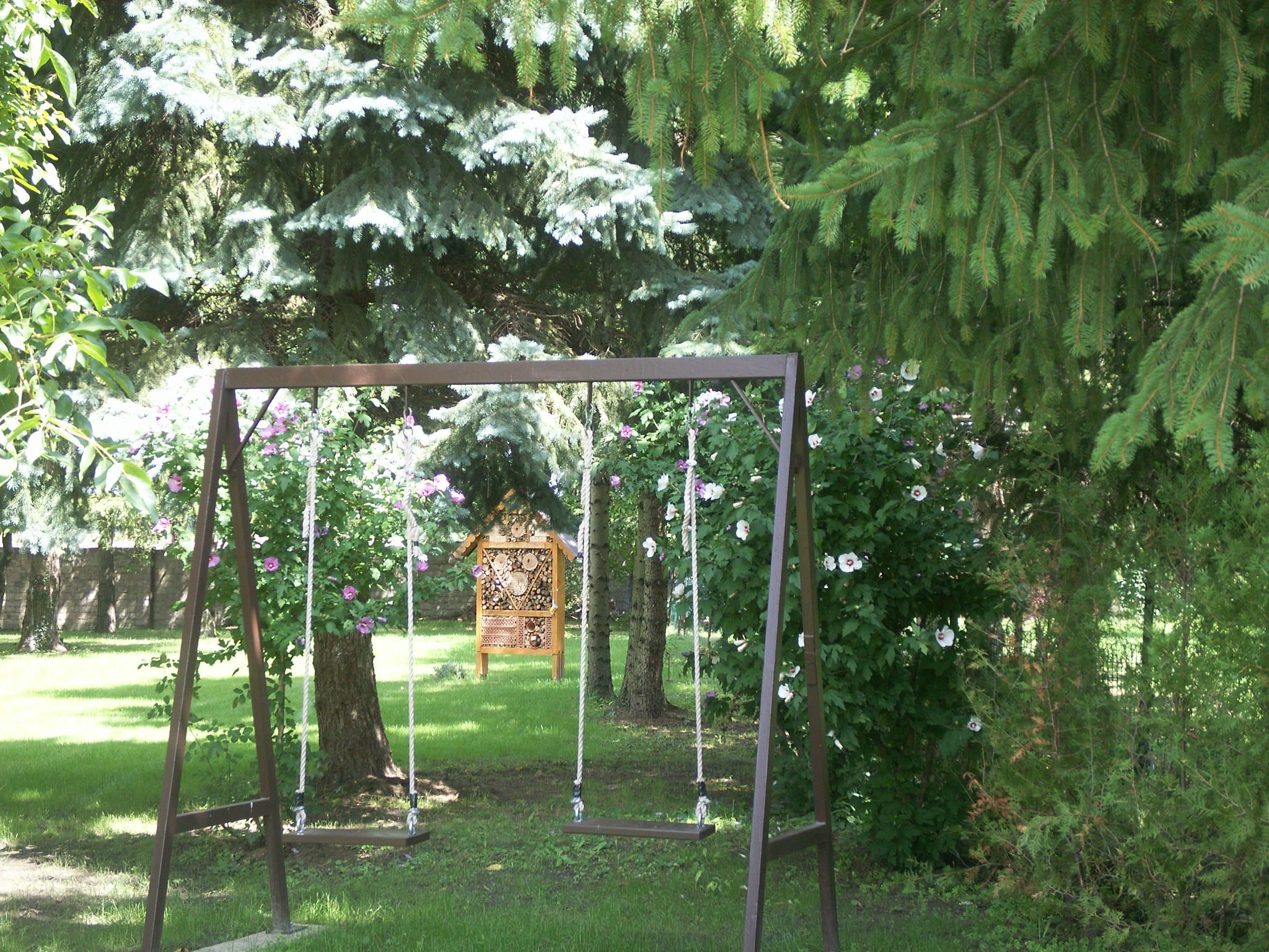 Garden with swing and insect hotel.