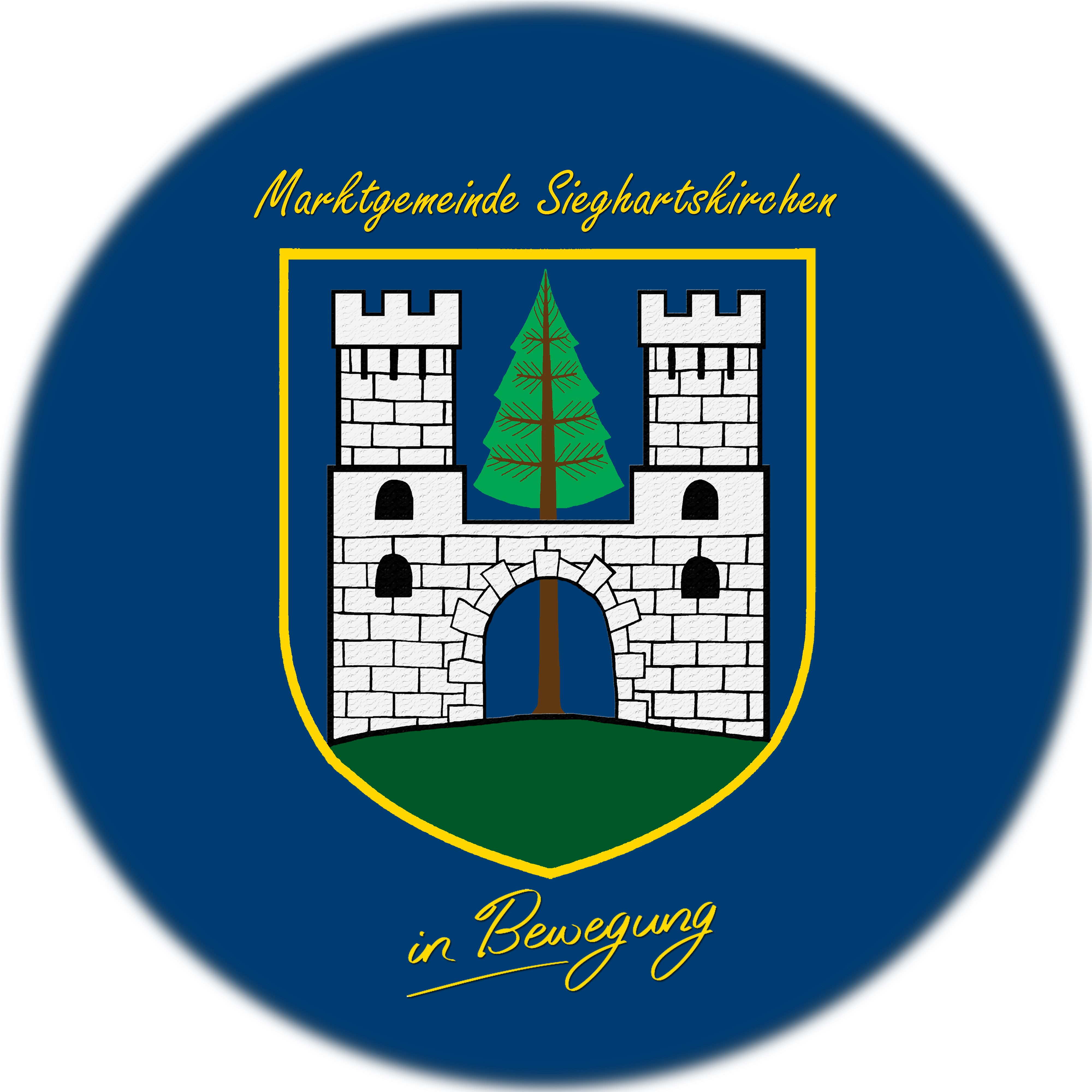Coat of arms of Sieghartskirchen with castle and tree on a blue background.