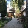 A quiet courtyard with trees, plants and garden furniture under a blue sky.