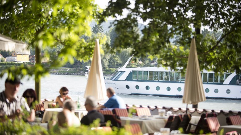 A river cruise ship sails on the Danube, in the foreground people sit in a café under trees.