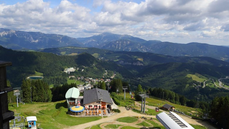 Panoramic view of a mountainous area with a cable car station and Liechtensteinhaus