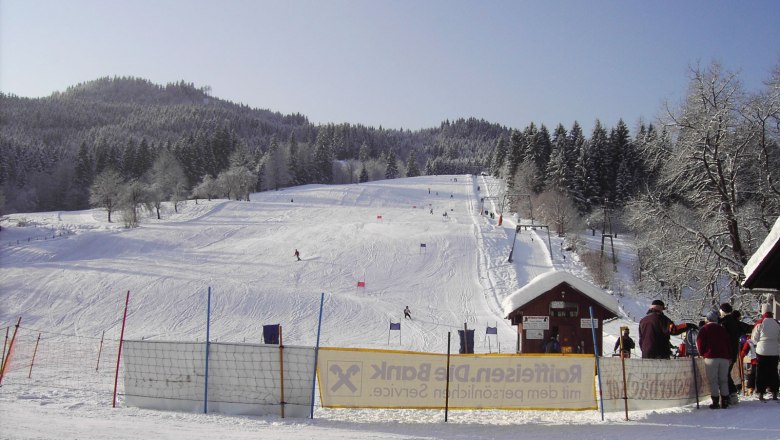 Ski area with piste, skiers and forest in the background.