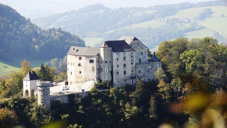 Plankenstein Castle on a hill with surrounding woods and hills in the background.
