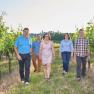 Five people smiling as they walk through a vineyard in sunny weather.