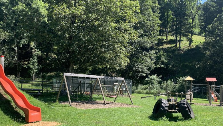 Playground in Falkenstein Nature Park with slide, swings and climbing frame, surrounded by trees.