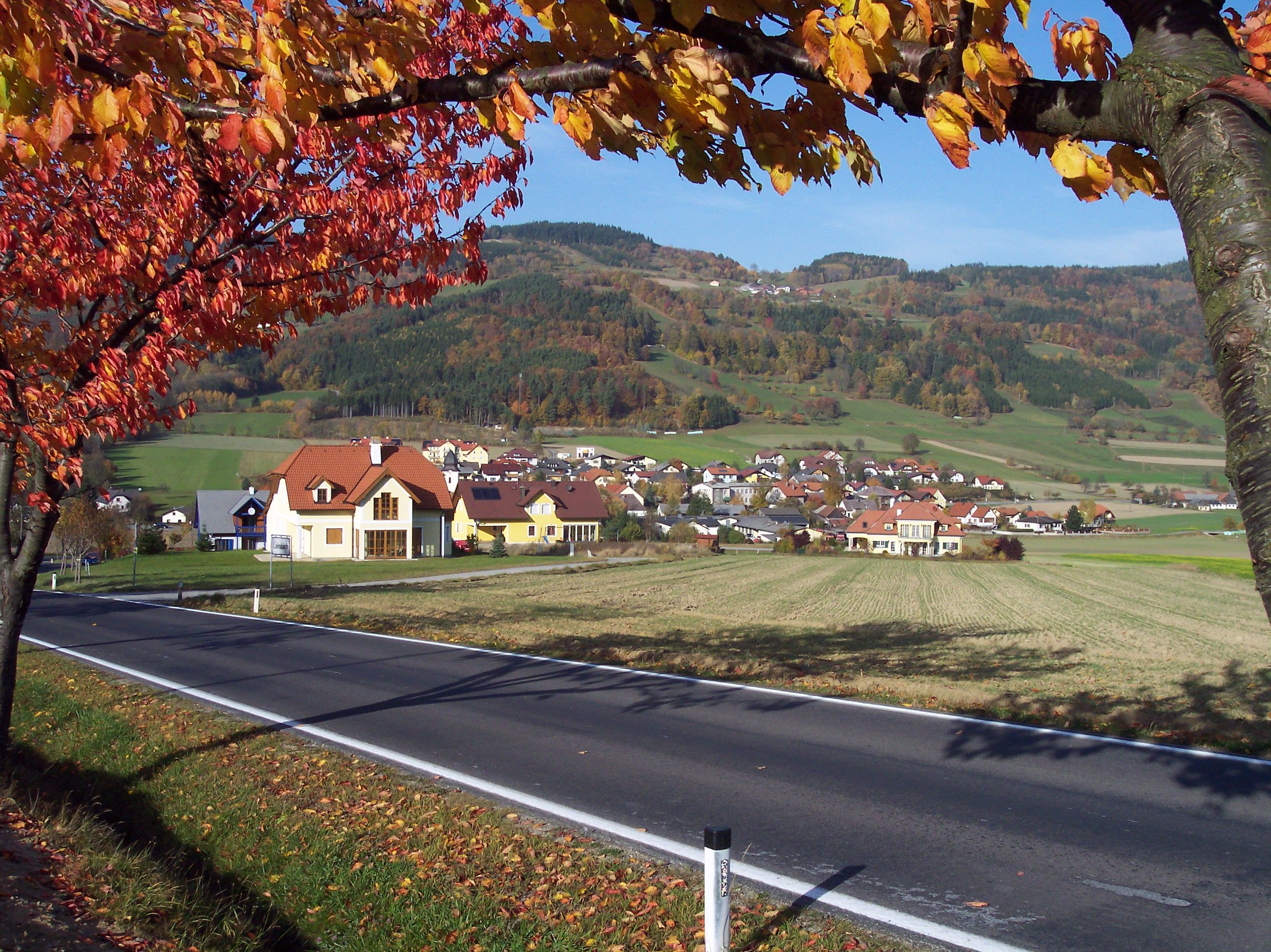 Autumn landscape with village and hills in the background, deciduous trees with colorful leaves in the foreground.