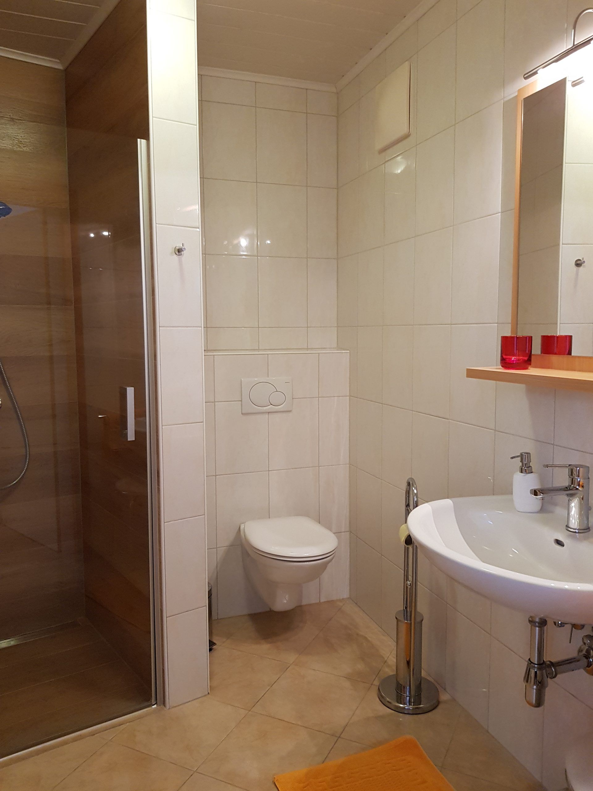 Modern bathroom with shower, toilet and washbasin.