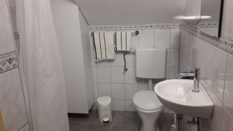 Small bathroom with toilet, washbasin and shower curtain.