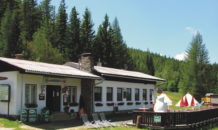 Almrausch hut in a forest landscape with sunshades and deckchairs.