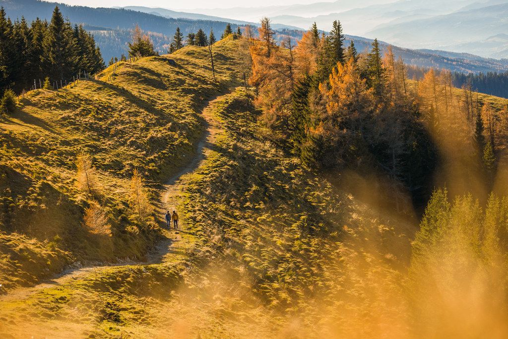 Two hikers on an autumnal mountain path with colorful trees.