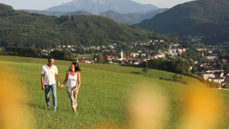 A couple walks across a green meadow with a view of the town of Scheibbs and the surrounding mountains in the background.