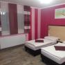 Twin room with two single beds, pink walls and a picture of a flower on the wall.