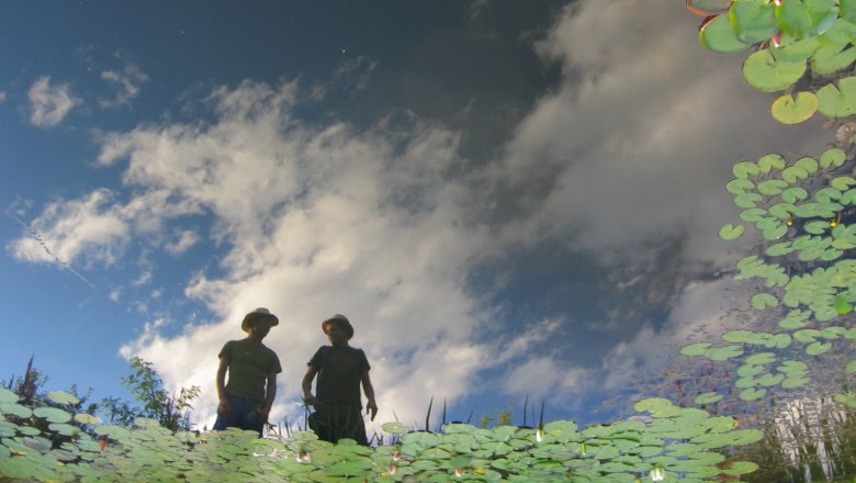 Reflection of two people and clouds in a pond with water lilies.