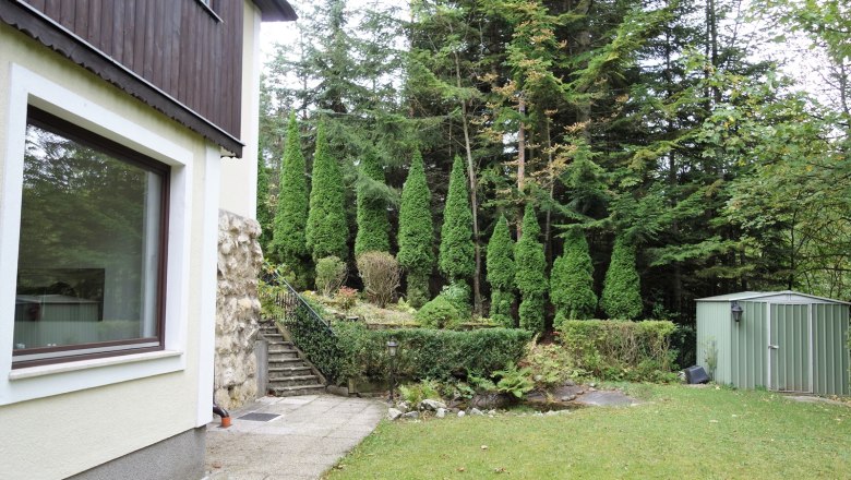 Garden with lawn, trees and a shed.
