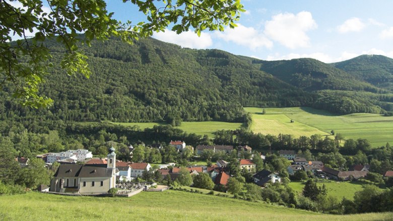 View of Altenmarkt with church and green landscape in the background.