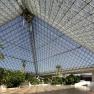 Interior view of a large glass pyramid with plants and palm trees.