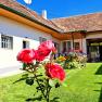 A well-tended garden with blooming roses in front of a traditional house with a tiled roof and white fa&ccedil;ade under a blue sky.