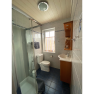 Small bathroom with shower, toilet and washbasin.