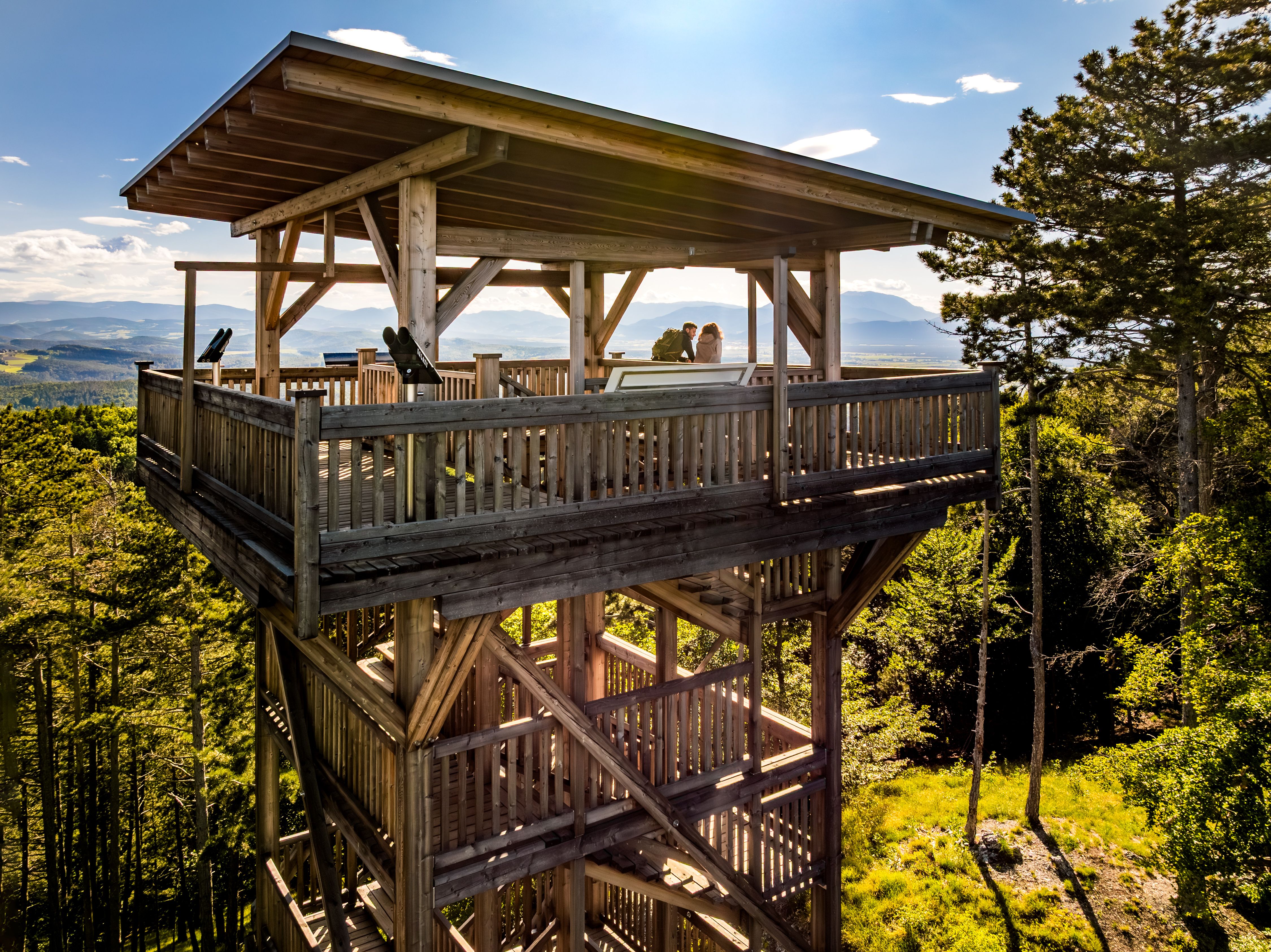 Wooden observation tower in the forest with two people on the platform.