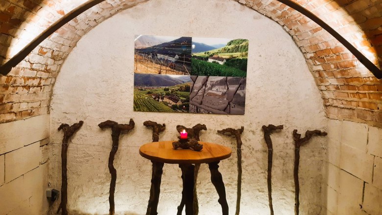 Vaulted wine cellar with table and grapevine decoration.