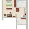 Floor plan of an apartment with bedroom, living room, kitchen and bathroom.