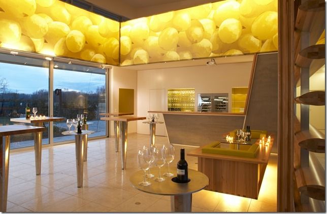 Modern tasting room in a winery with yellow ceiling lighting and glass walls.