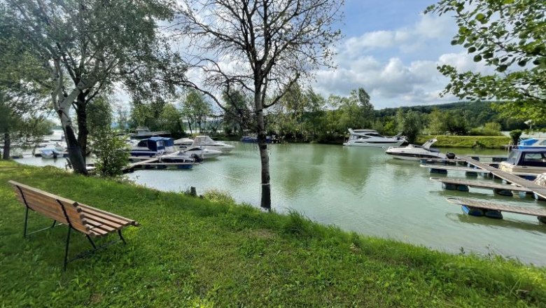 A quiet harbor with several boats, surrounded by green trees and a meadow with a bench.