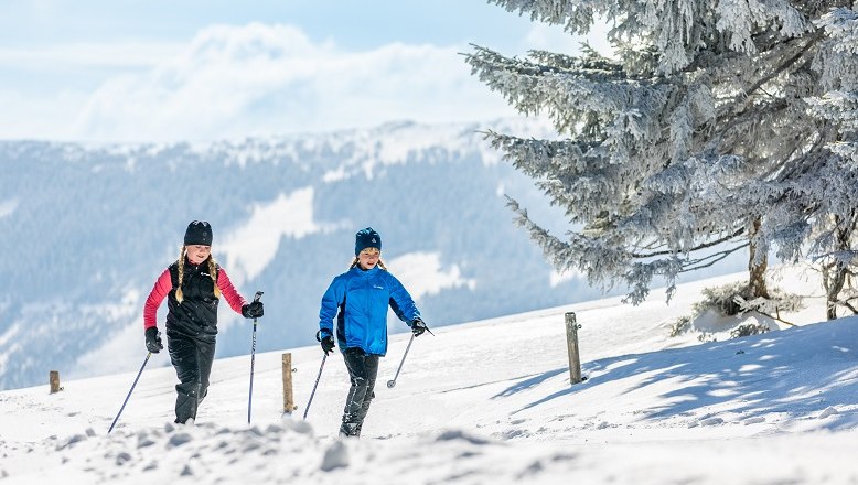 Two people cross-country skiing on a snow-covered trail with mountains in the background.