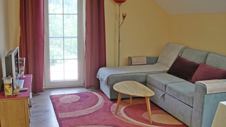Living room with gray sofa, red carpet and glass door.