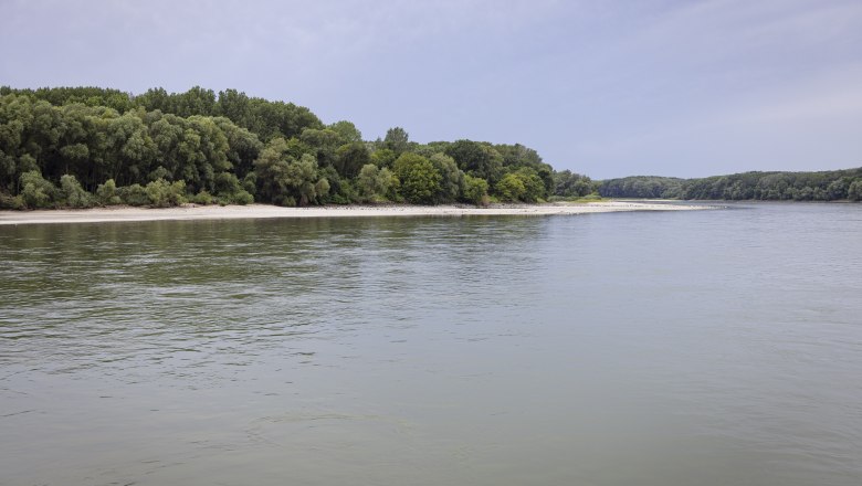 River landscape with wooded banks and calm water.
